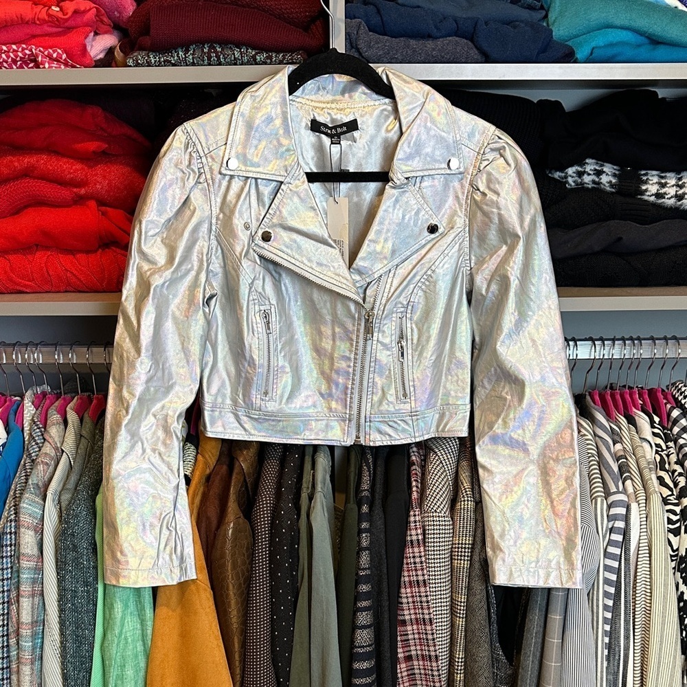Strut & Bolt silver iridescent 2 pocket motorcycle style jacket size S NWT